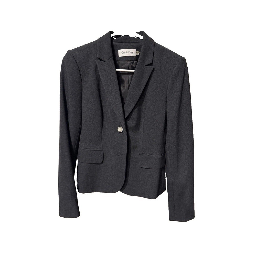 Calvin Klein Blazer Charcoal Gray Suit Coat Silver Buttons Women's 2 Excellent